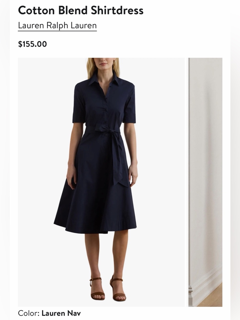 Lauren Ralph Lauren Navy Cotton-Blend Shirt Dress with Self-Tie